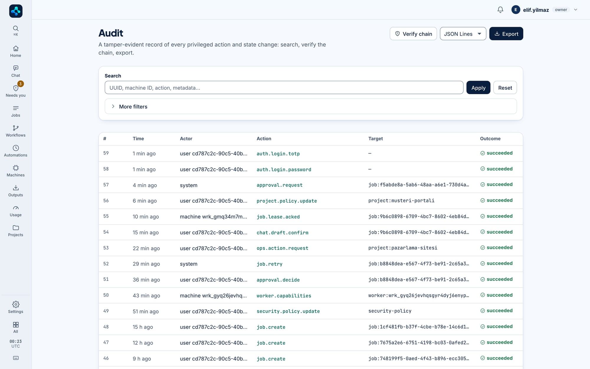 Audit log: every privileged action, with chain verification and export.