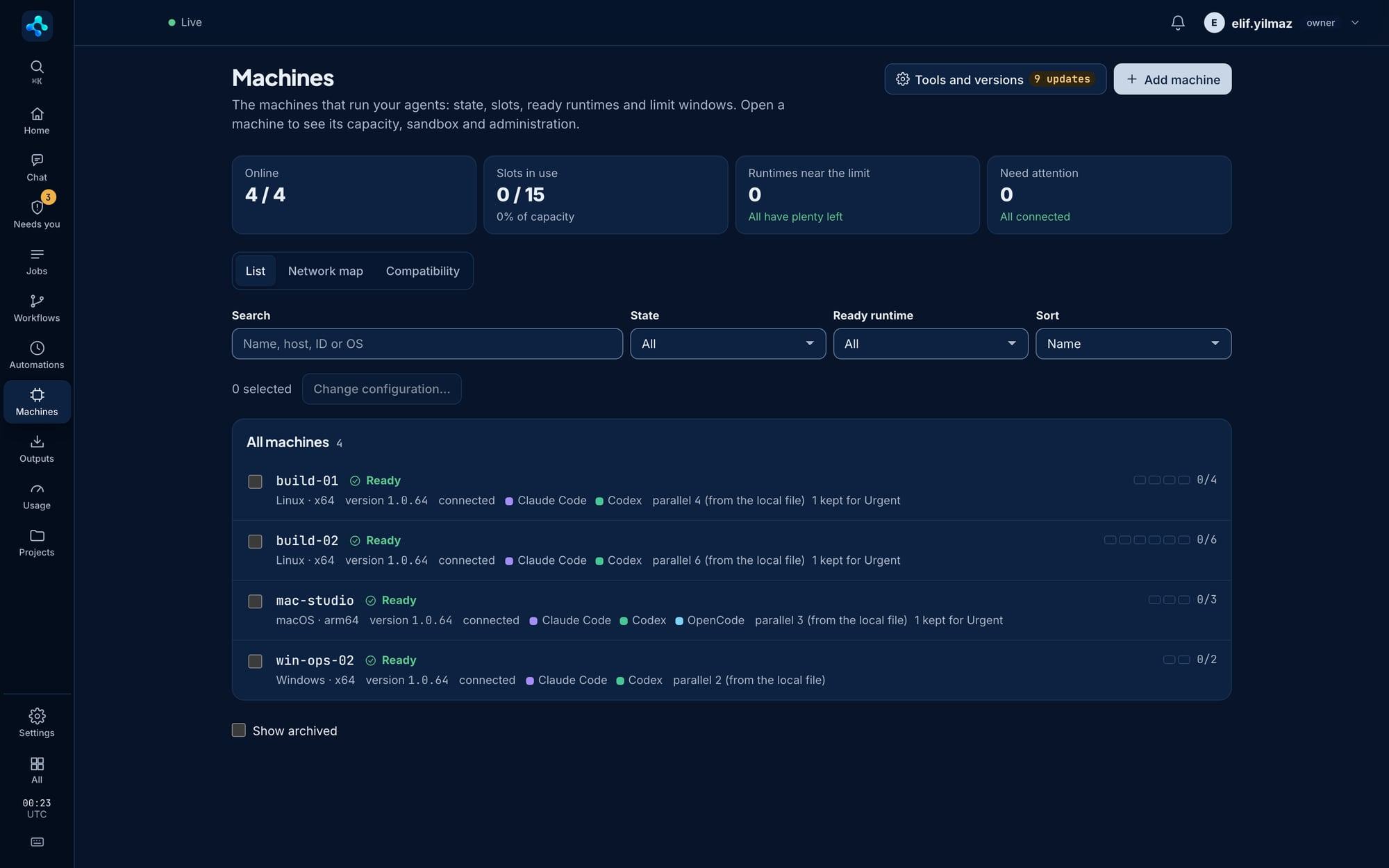 Machines screen: machines with OS, version, ready runtimes and slot usage.
