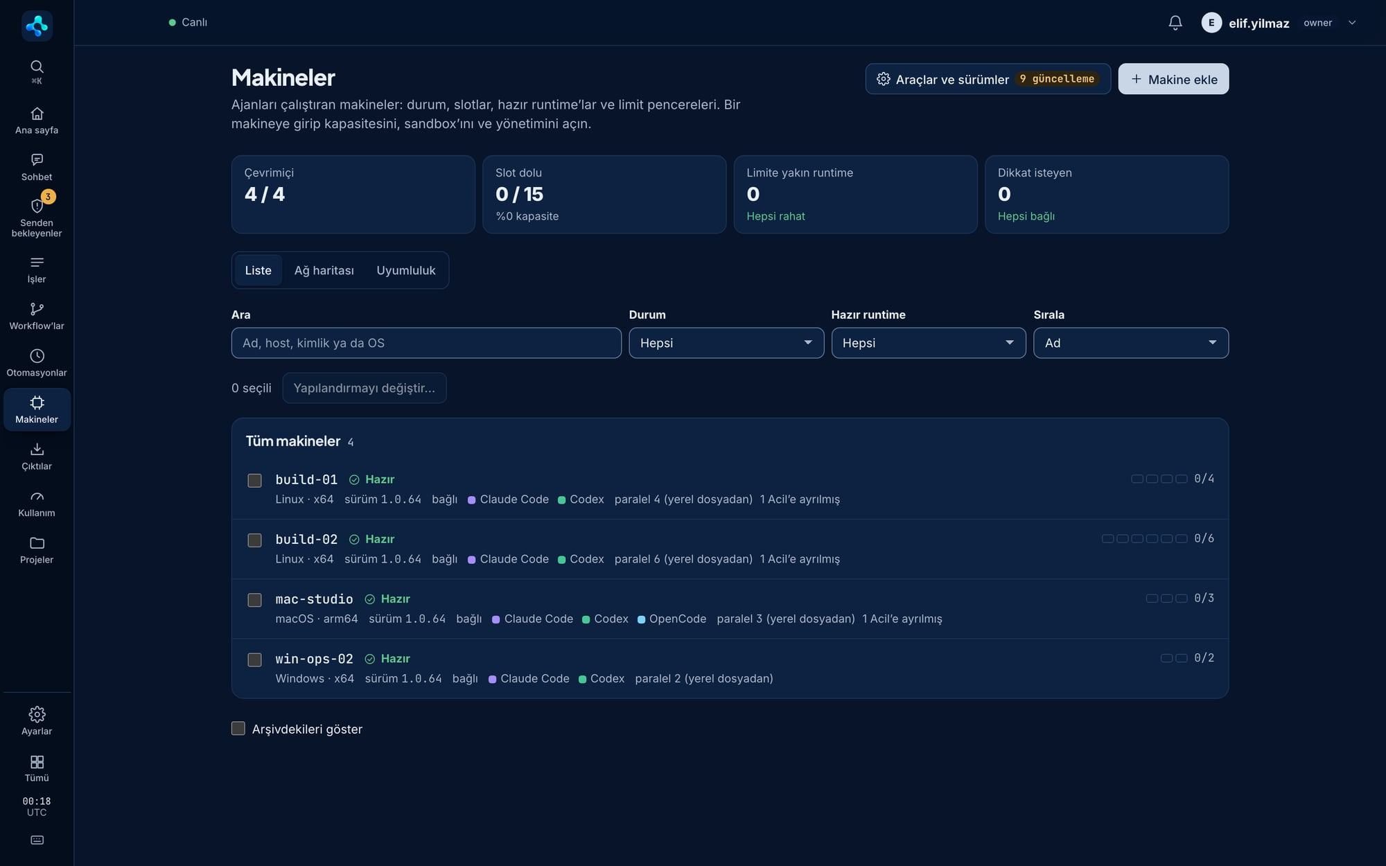 Makineler ekranı: makineler, işletim sistemleri, sürümleri, hazır runtime’lar ve slot doluluğu.